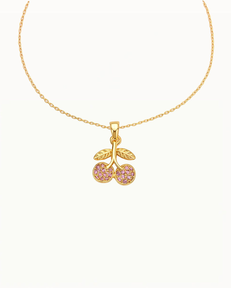 Gouden Ketting met Kers Hanger en Roze Steentjes - Chinook