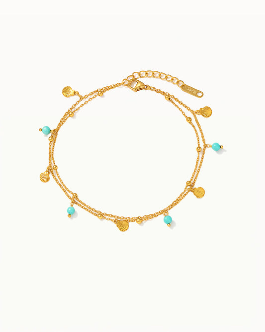 Goudkleurige Enkelband met Turquoise Kralen en Schelpbedels - Kendra