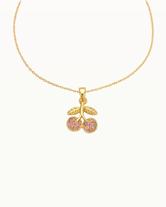 Gouden Ketting met Kers Hanger en Roze Steentjes - Chinook